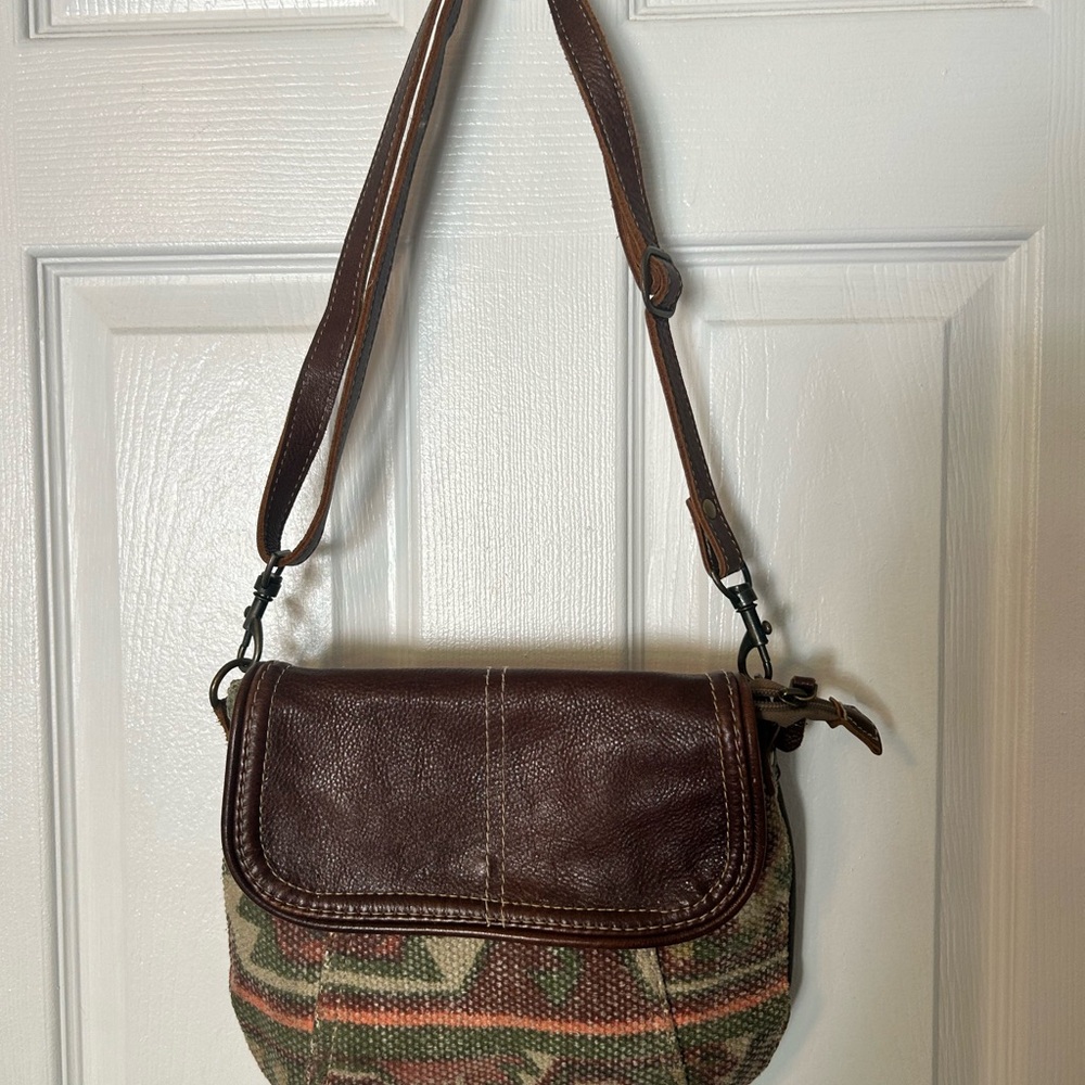 Myra Bag Brown Leather and Multicolor Woven Crossbody